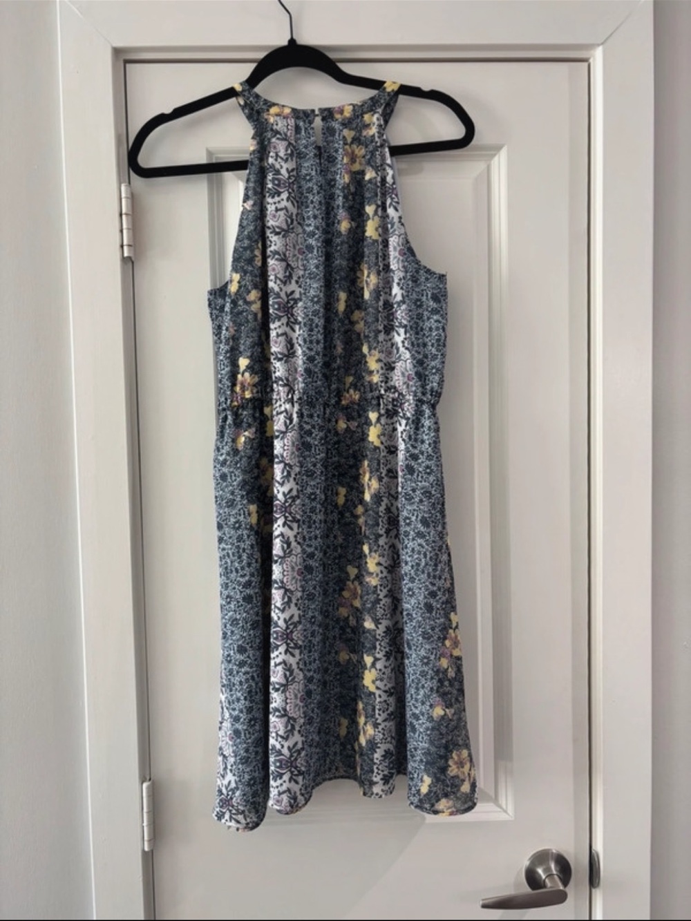 NWT LOFT Outlet Floral Halter Dress Drawstring Waist Blue Yellow Gray Size M $80